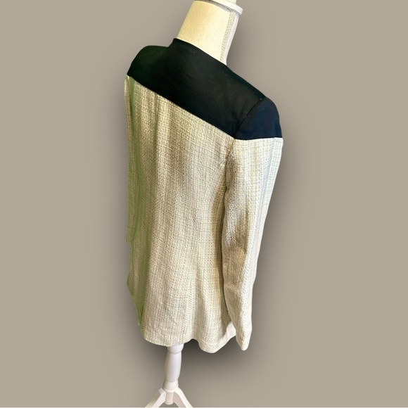 BCBG Paris White & Blue Tweed Oxford Long-Length Snap-Up Pocketed Jacket Size 0 - Picture 9 of 13